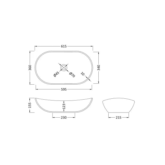 Meravo Classico 615mm Oval Vessel Basin | Matt White Vitreous China Countertop Basin