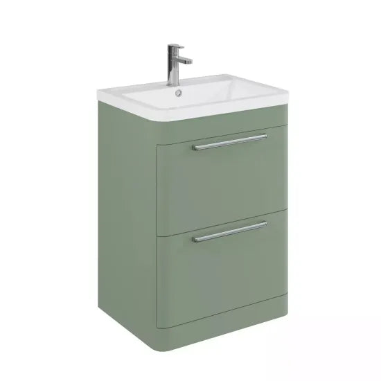 Meravo Pure 600mm Satin Green Floor Standing Vanity Unit & 1 Tap Hole Ceramic Basin