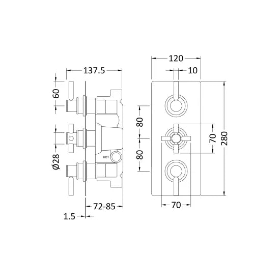 Traba Triple Thermostatic Concealed Shower Valve with Diverter - 3 Outlet - Brushed Brass