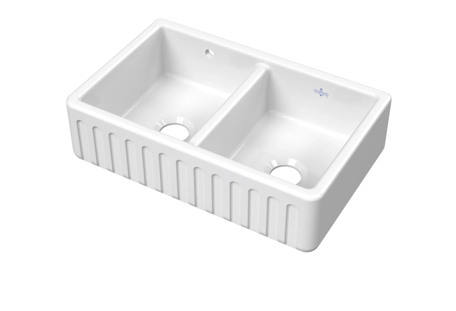 BC Designs - Sanitan 2 Tap Holes Double Bowl Traditional Fireclay Thick Edge Fluted Butler Sink - White