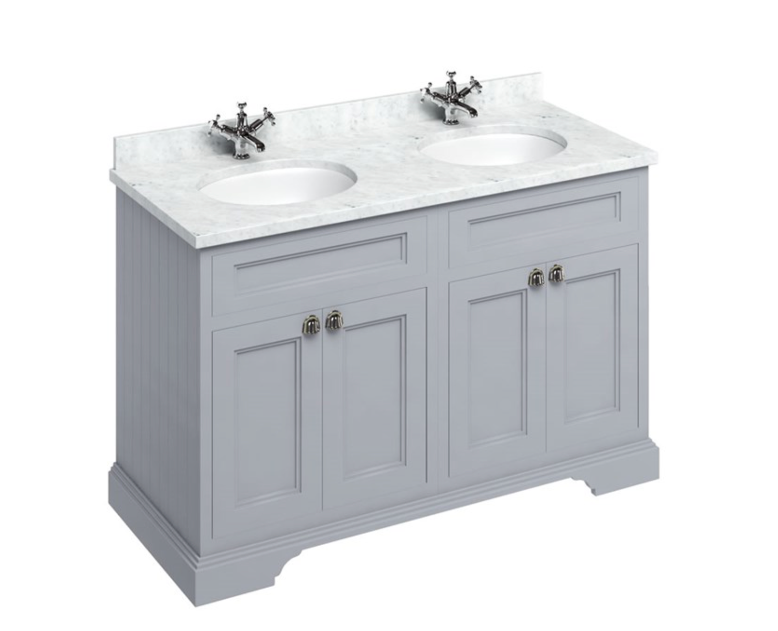Burlington - Freestanding 130 Unit with Carrara White Worktop - Doors & 2 Integrated White Basins