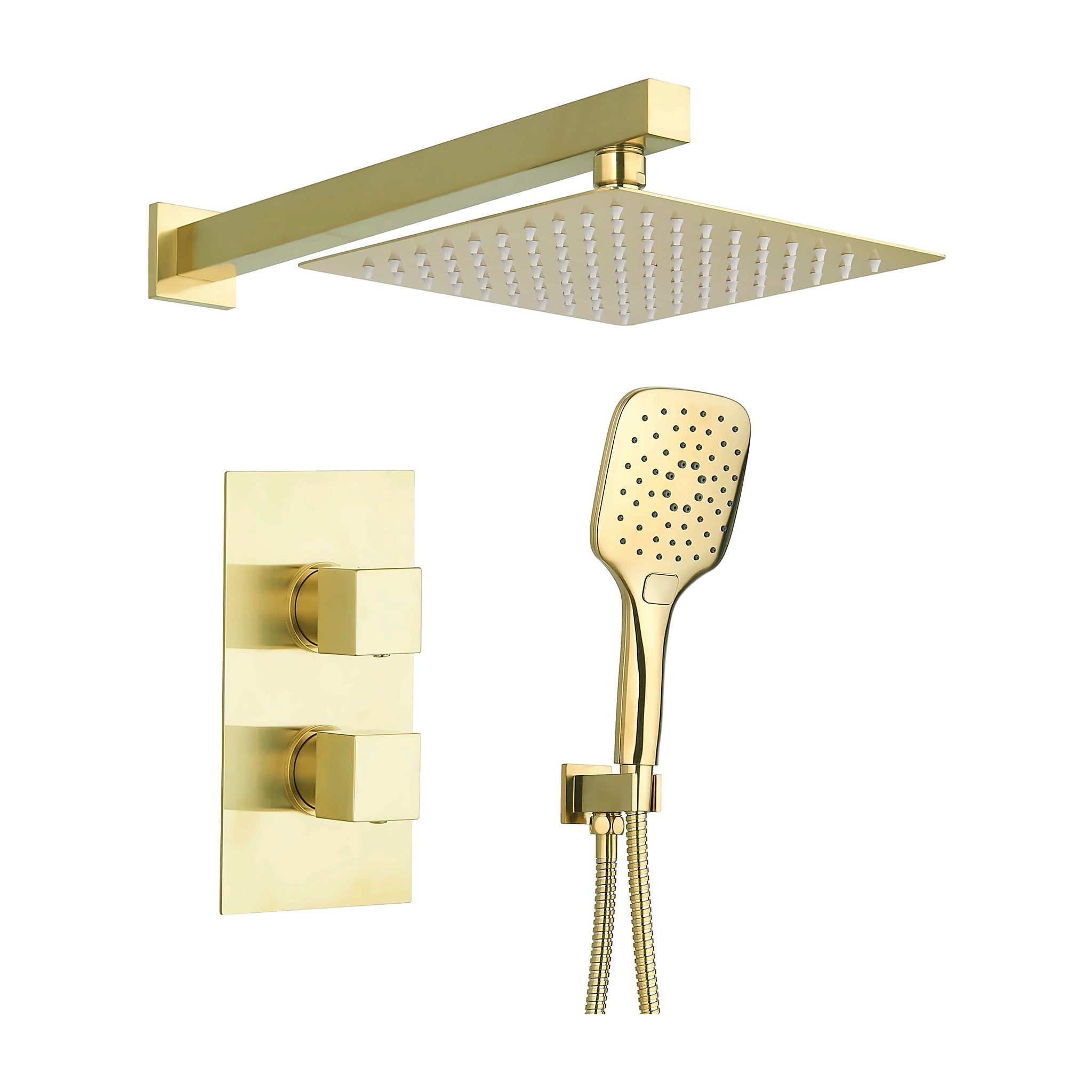 Tailored Bathrooms square concealed thermostatic 2 handle 2 way shower kit with stainless steel head in Brushed Brass