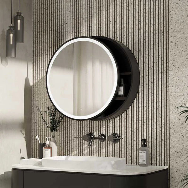 Tailored Bathrooms Monty 600mm LED Mirror Cabinet – Black, Round Edges, Sliding Door, Shaver Socket