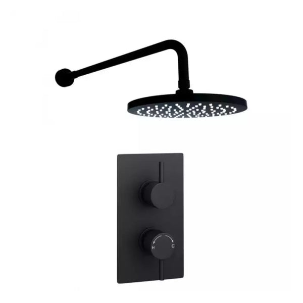 Kartell Nero Round Concealed Thermostatic Shower Valve With Fixed Overhead Drencher, Matt Black