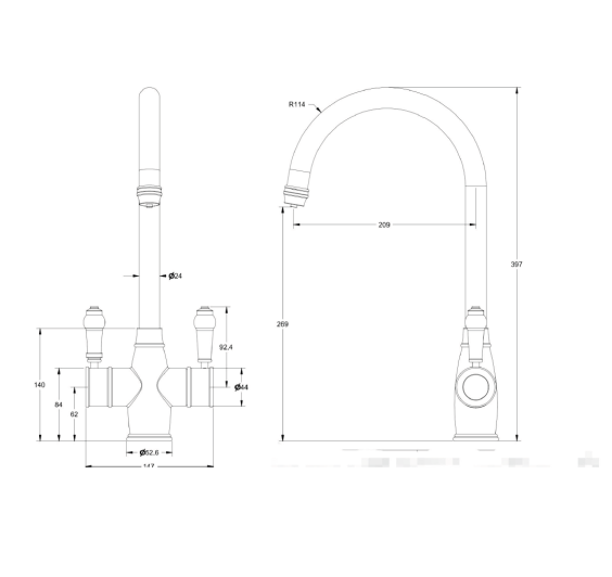 Reginox - Vechi II Traditional 3-In-1 Instant Hot Water Kitchen Mixer Tap - Chrome Finish
