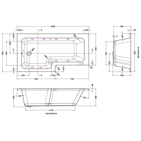 Nuie 1600mm L-Shape Left-Hand 8-Jet Whirlpool Bath - Gloss White