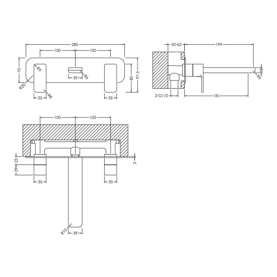 Meravo Windon Chrome 3 Tap Hole Wall Mounted Basin Mixer With Plate