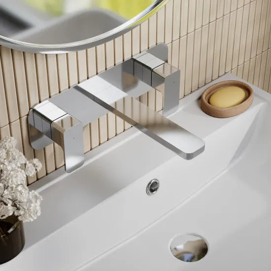 Meravo Windon Chrome 3 Tap Hole Wall Mounted Basin Mixer With Plate