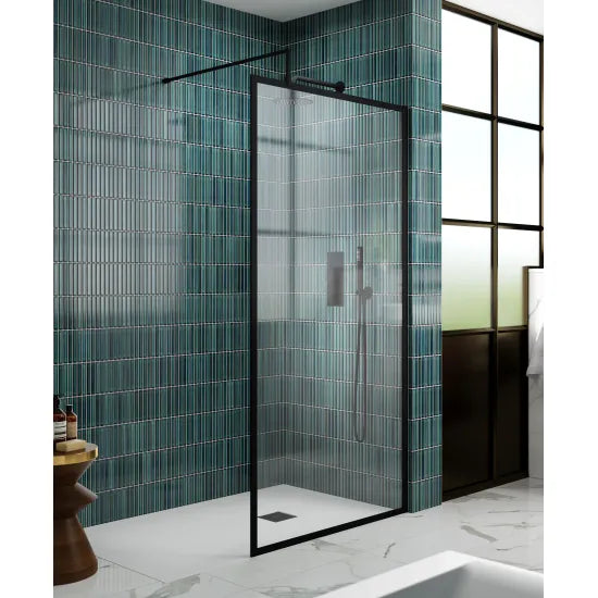 Nuie 1850mm x 1400mm Matt Black 8mm Framed Wetroom Screen Including Support Bar & Profile Kit
