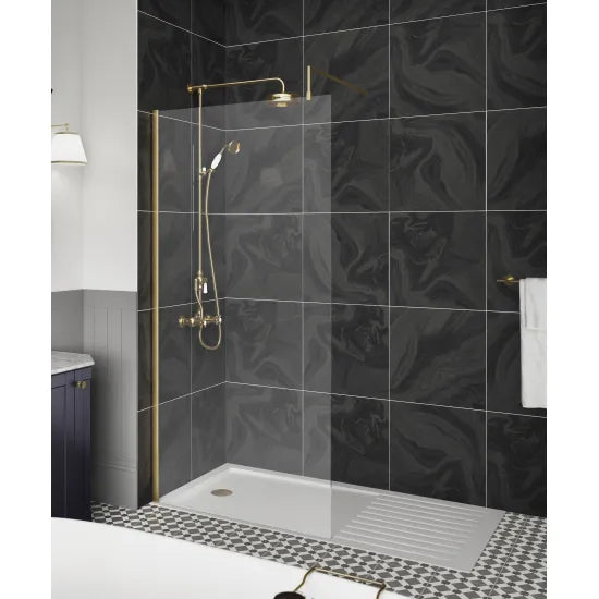 Nuie 1100mm Brushed Brass Wetroom Screen With Support Bar and Profile Kit