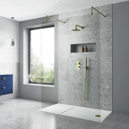 Nuie 1100mm Brushed Brass Wetroom Screen With Support Bar and Profile Kit