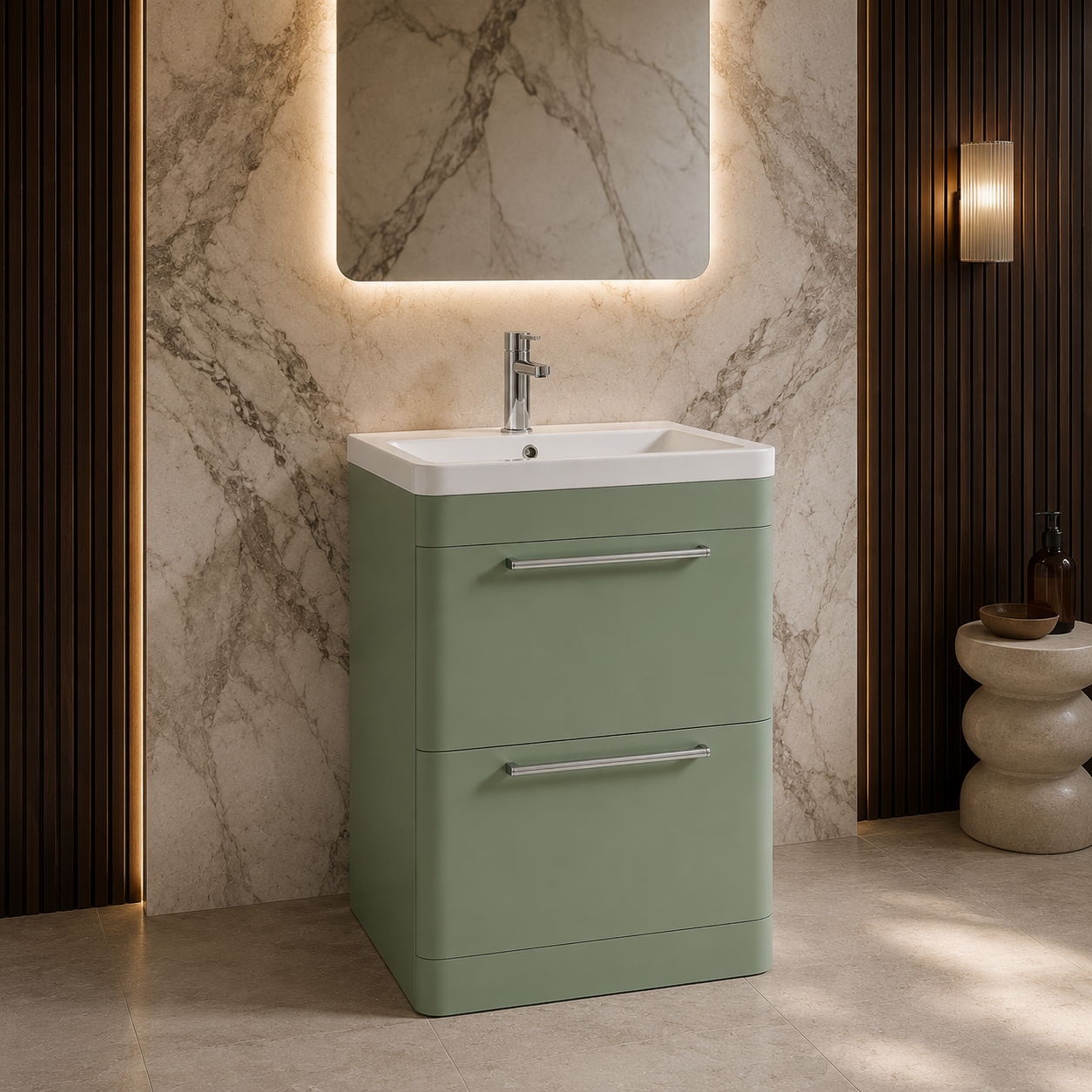 Meravo Pure 600mm Satin Green Floor Standing Vanity Unit & 1 Tap Hole Ceramic Basin