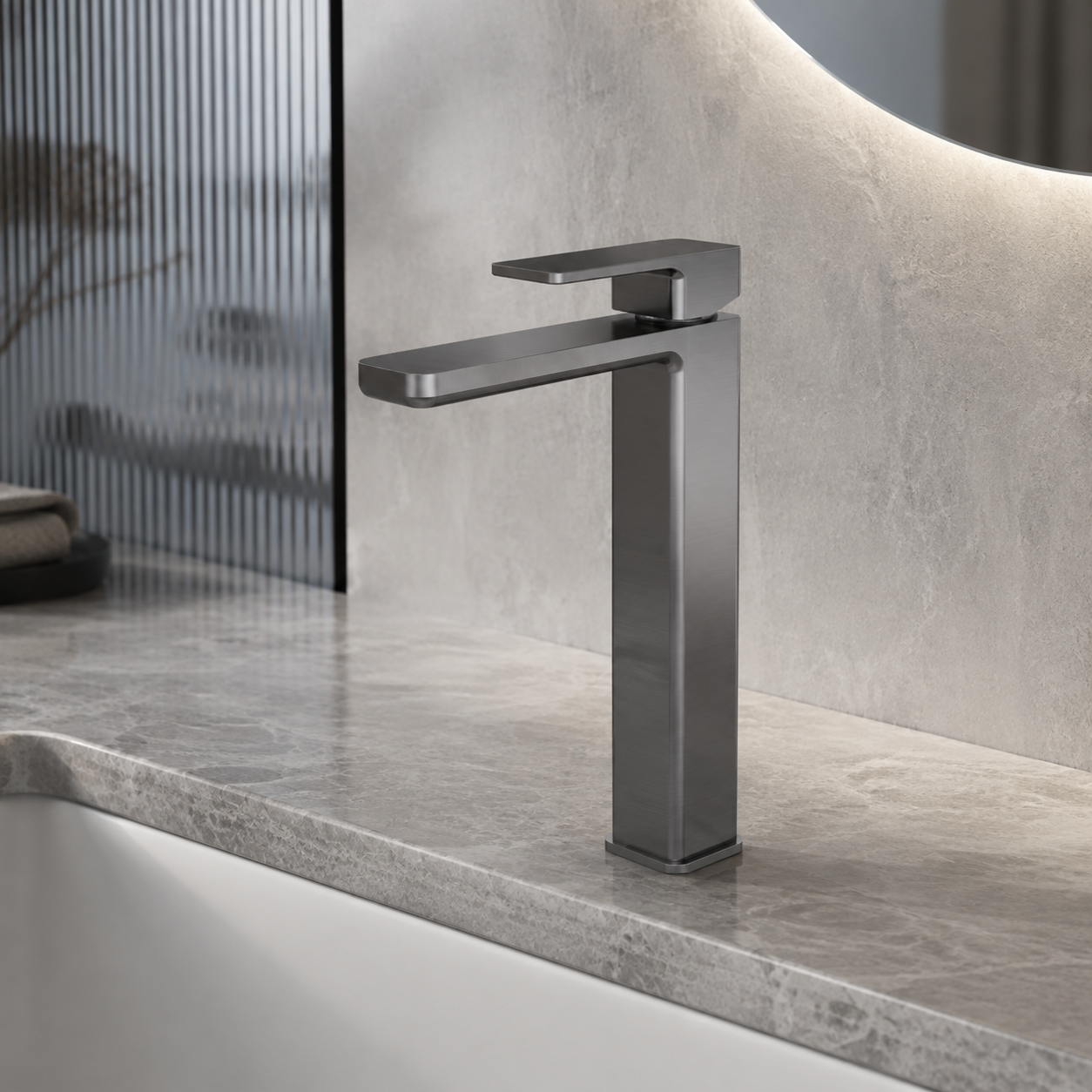 Meravo Lux High-Rise Mono Basin Mixer Tap | Brushed Pewter | Vessel Basin Tap