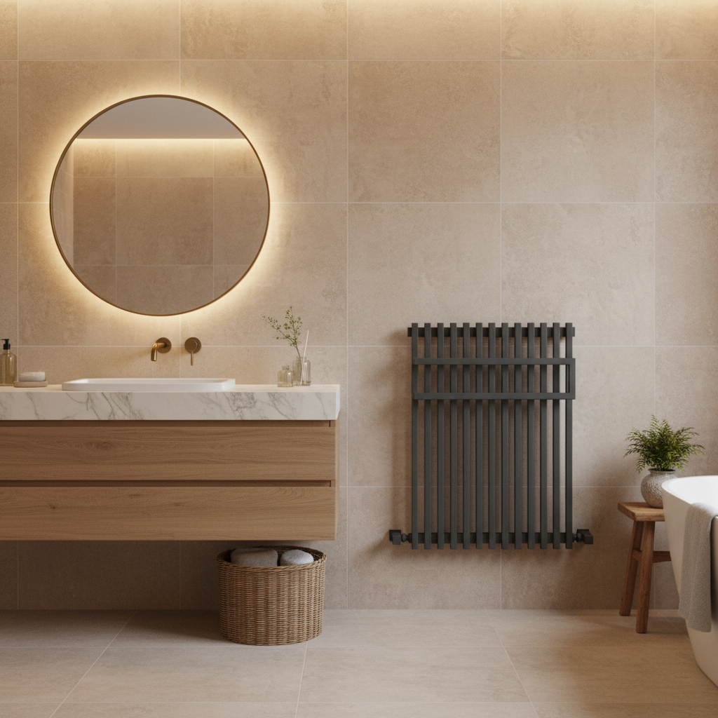 Anthracite column radiator in bathroom setting