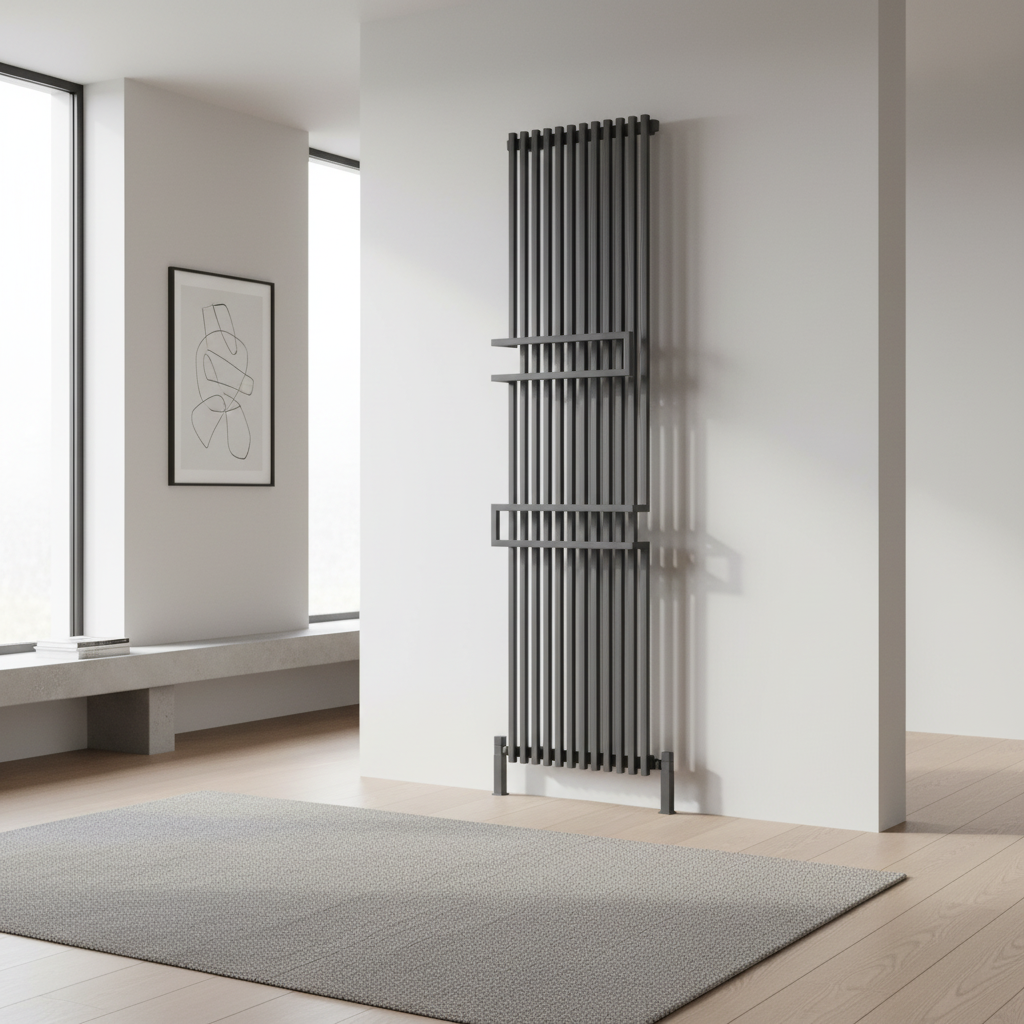 Anthracite designer radiator with empty shelves lifestyle image