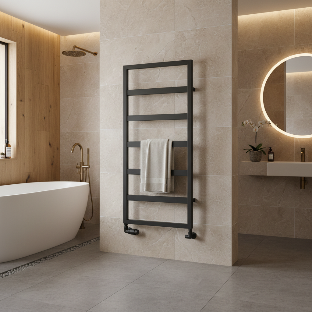 Anthracite flat panel radiator in bathroom setting
