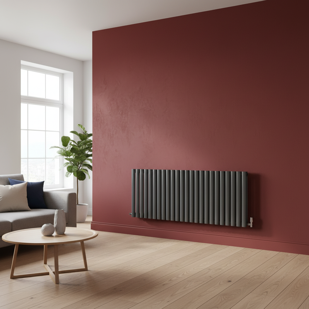 Anthracite grey horizontal column radiator on oxblood red wall in modern living room - square format