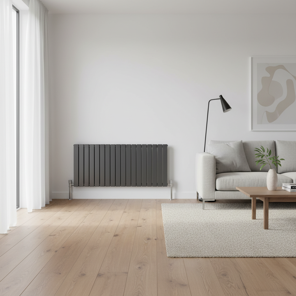 Anthracite grey horizontal flat panel radiator in modern living room - square format