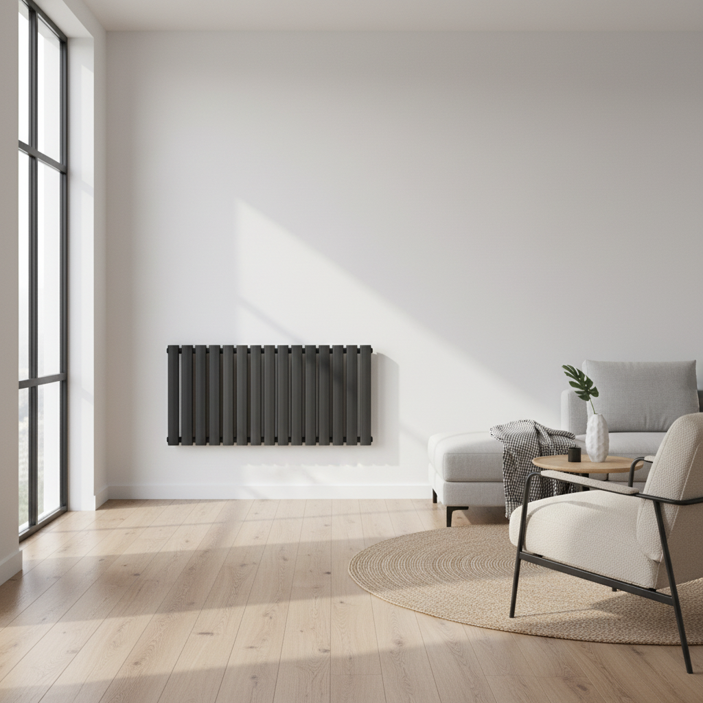 Anthracite grey horizontal oval tube radiator in modern living room - square format