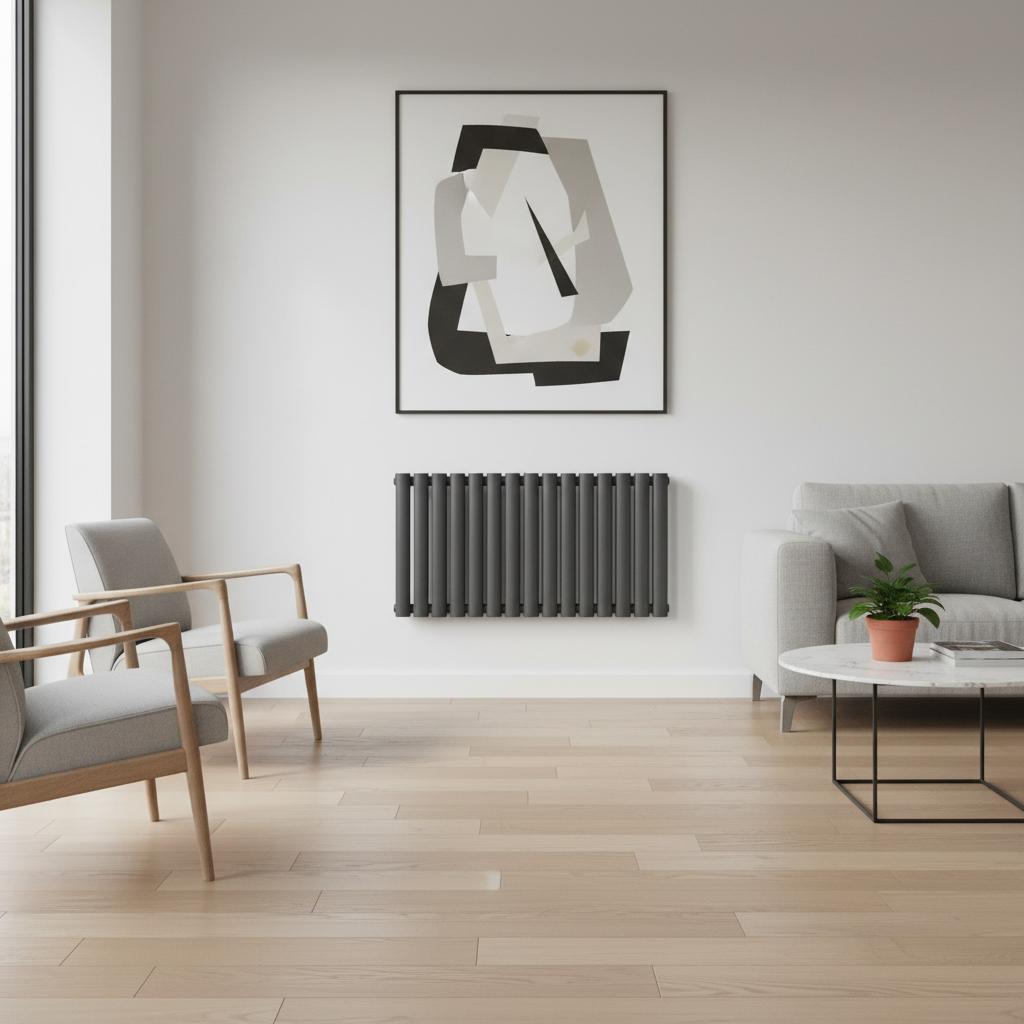 Anthracite grey horizontal oval tube radiator in modern living room - square format