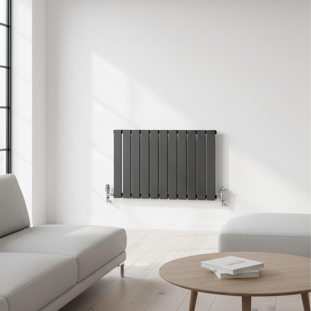 Anthracite grey horizontal radiator in modern living room - square format