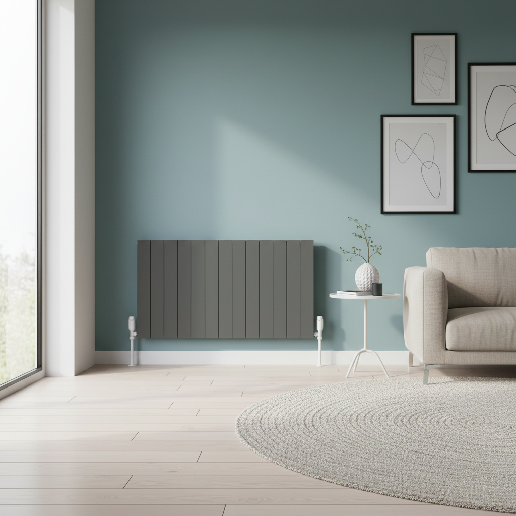 Anthracite grey horizontal radiator on duck egg blue wall in modern living room - square format