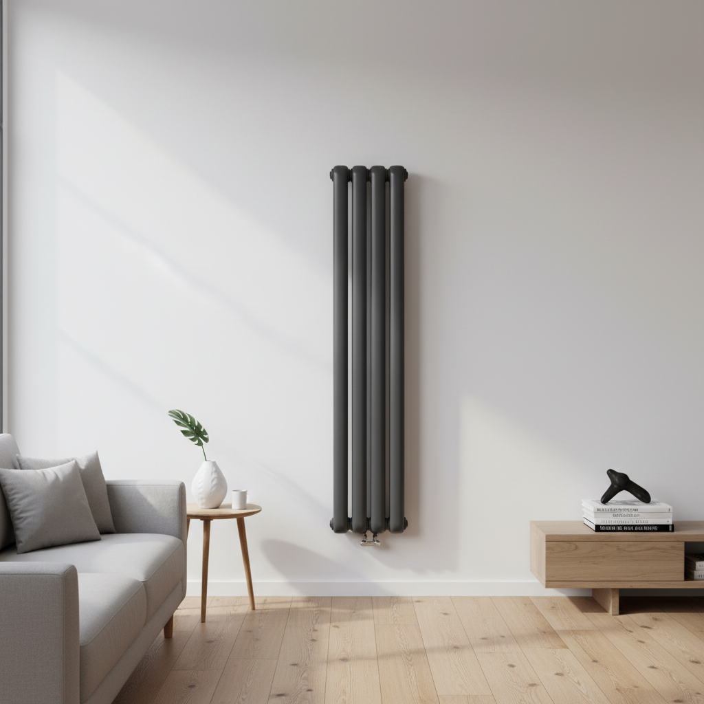 Anthracite grey vertical column radiator in modern interior - square format