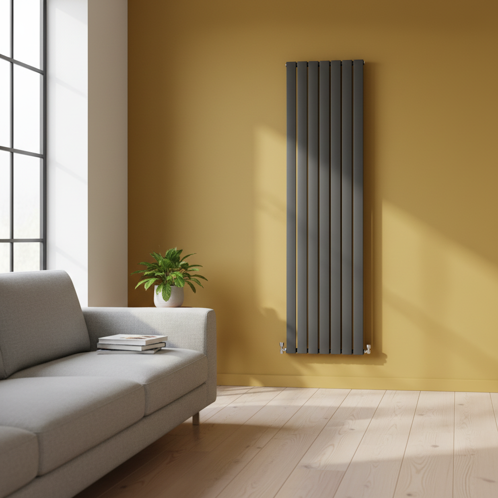 Anthracite grey vertical column radiator on mustard yellow wall in modern living room - square format