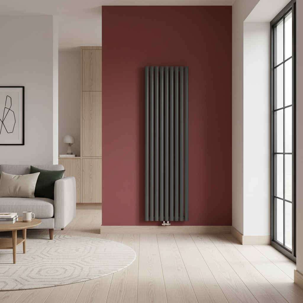 Anthracite grey vertical column radiator on oxblood red wall in modern interior - square format