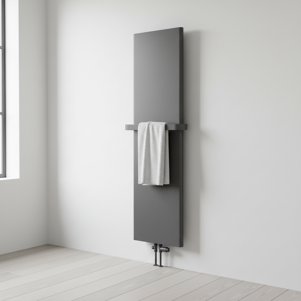Anthracite grey vertical designer radiator with towel bar in modern interior - square format