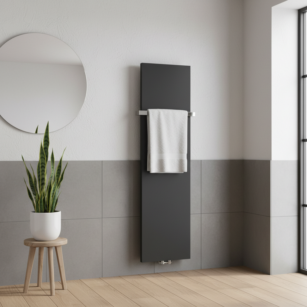 Anthracite grey vertical designer radiator with towel bar in stylish modern bathroom - square format