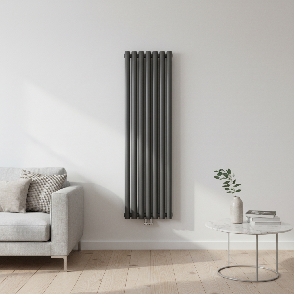 Anthracite grey vertical oval tube radiator in modern interior - square format