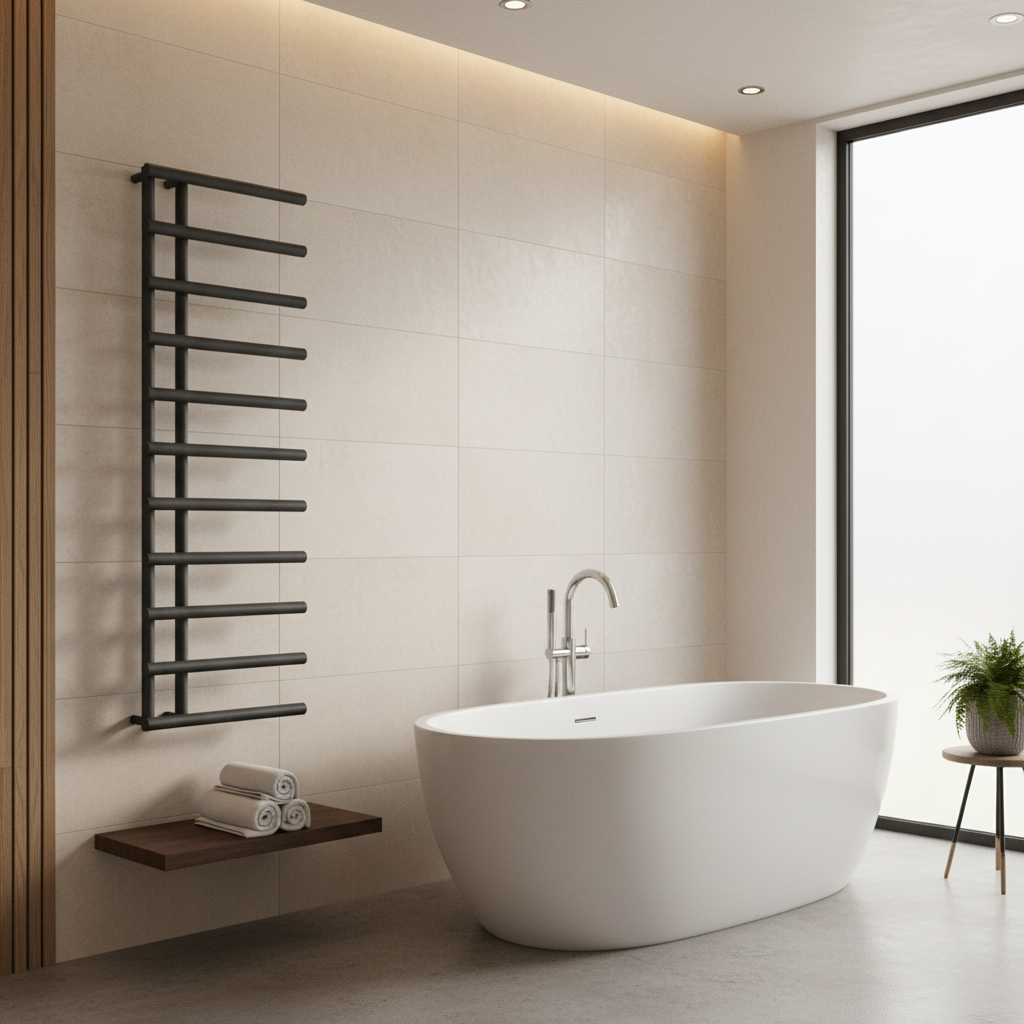 Anthracite horizontal bar radiator in bathroom setting