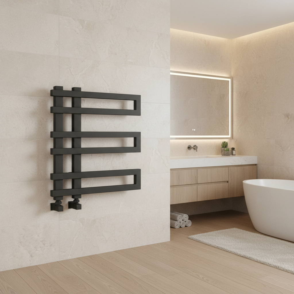 Anthracite horizontal radiator in bathroom setting