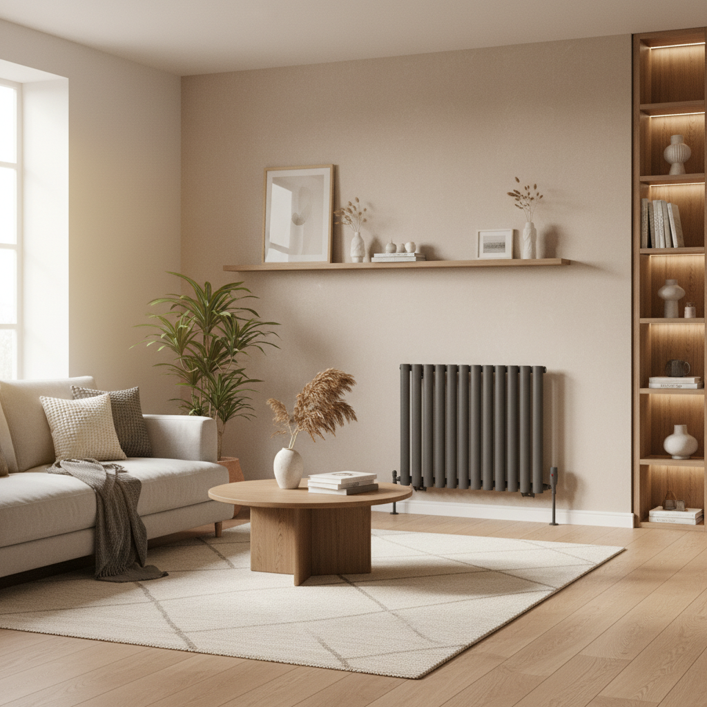 Anthracite horizontal radiator in warm modern living room