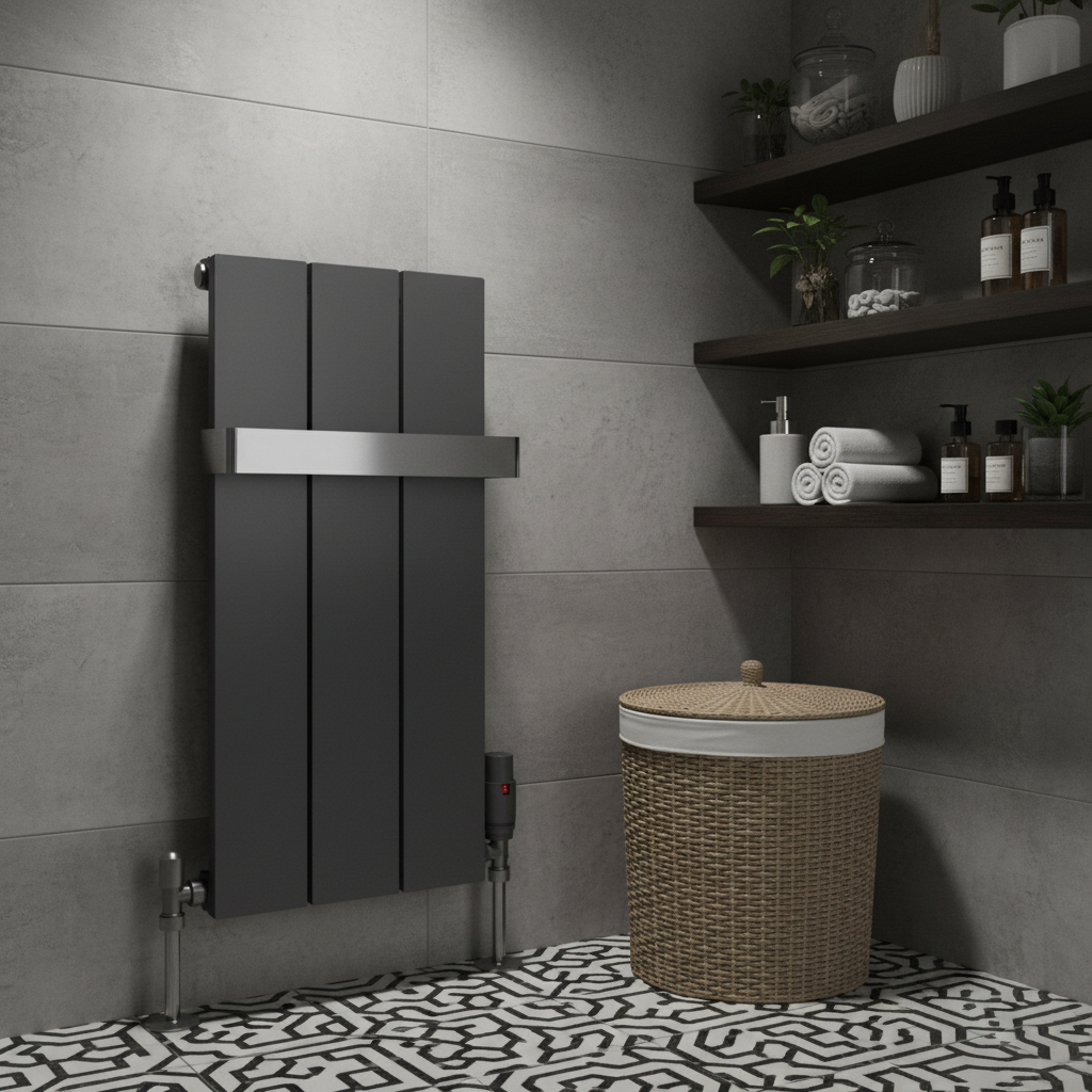 Anthracite radiator in styled bathroom corner