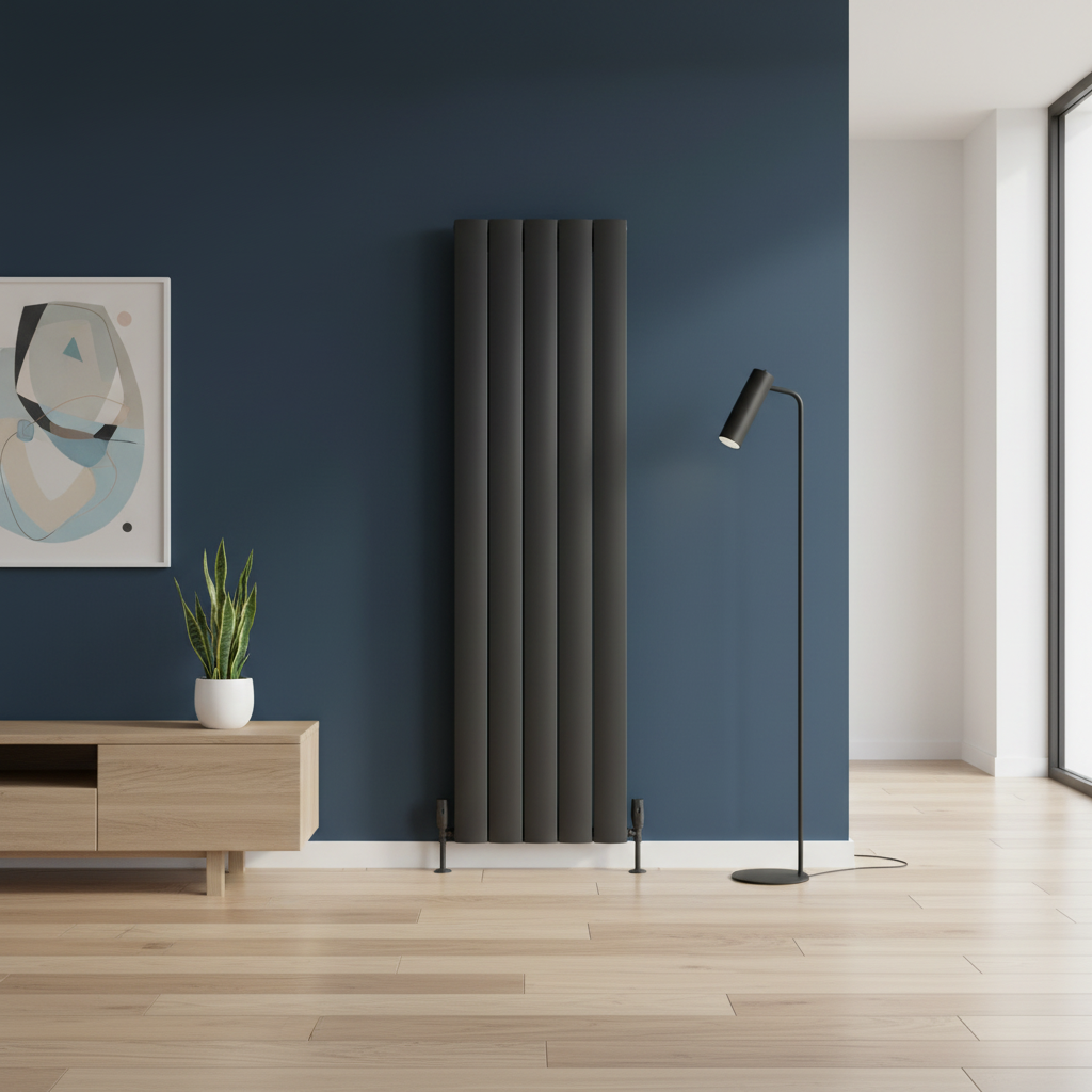 Anthracite radiator on deep blue wall