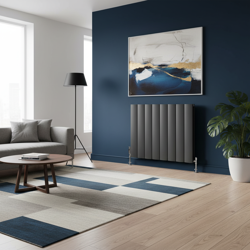 Anthracite radiator with blue wall and rug