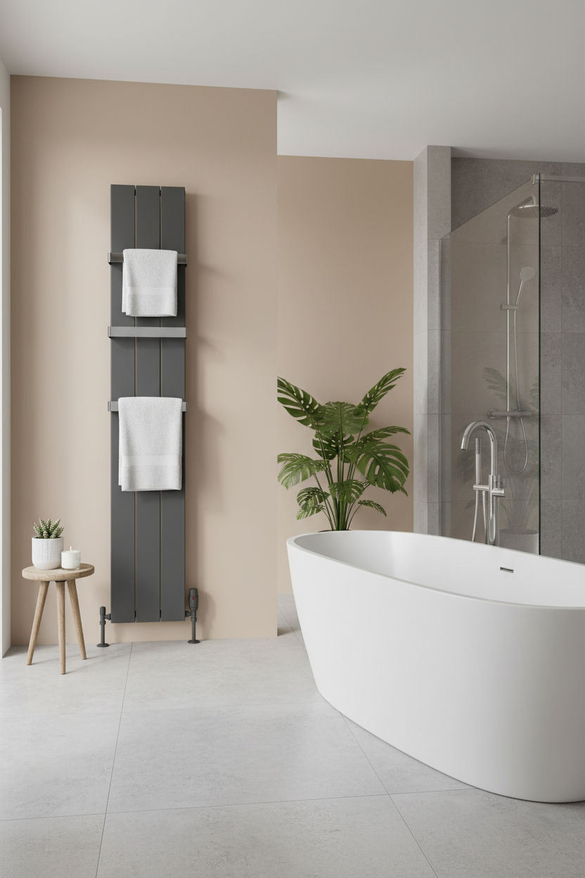 Anthracite radiator with chrome rails in bathroom