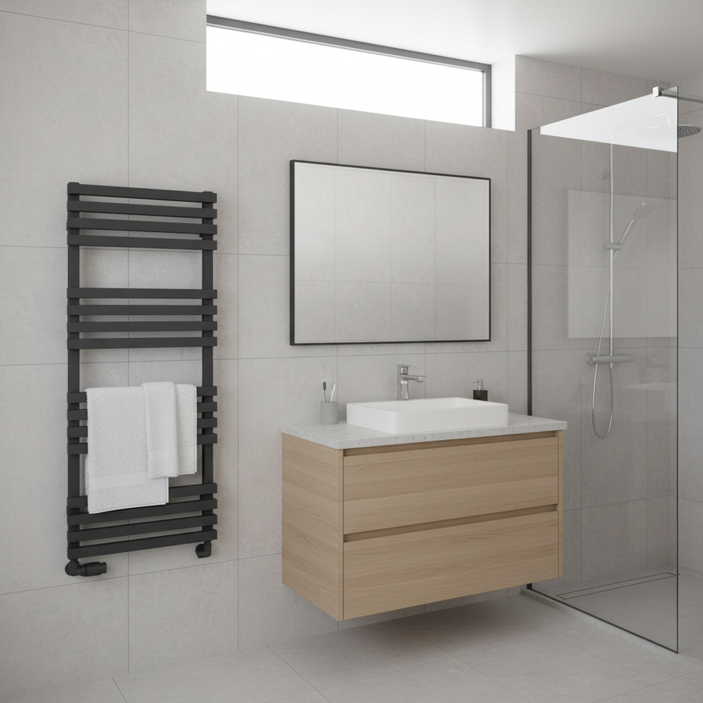 Anthracite towel rail with floor-standing vanity