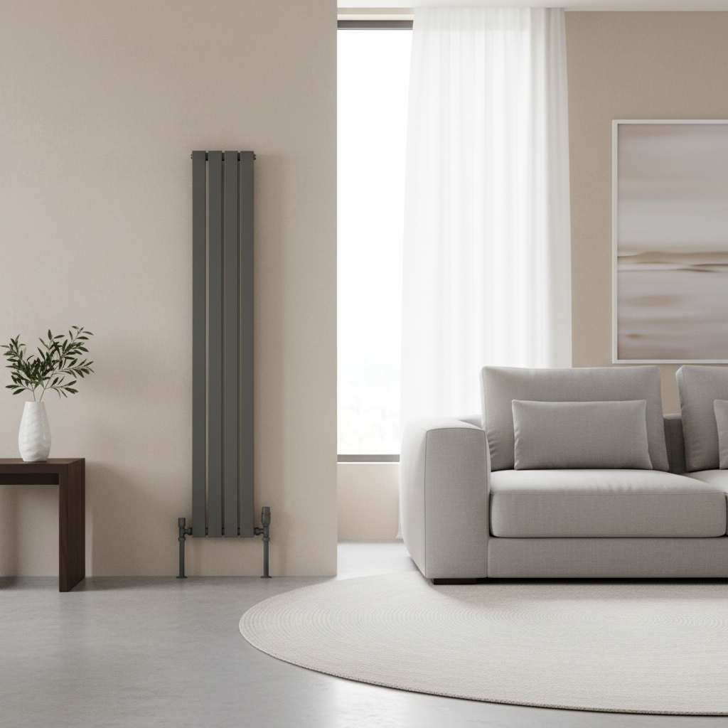 Anthracite vertical flat panel radiator in room setting