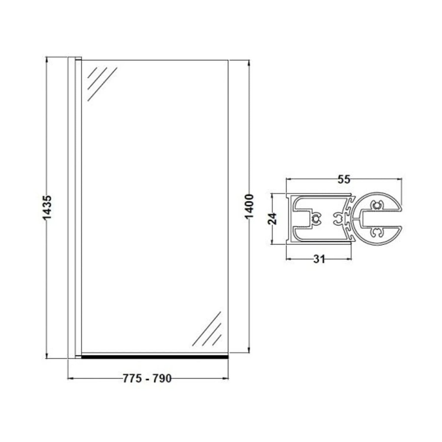 BC Design Straight Bath Screen - 1435mm L x 790mm W, Polished Chrome