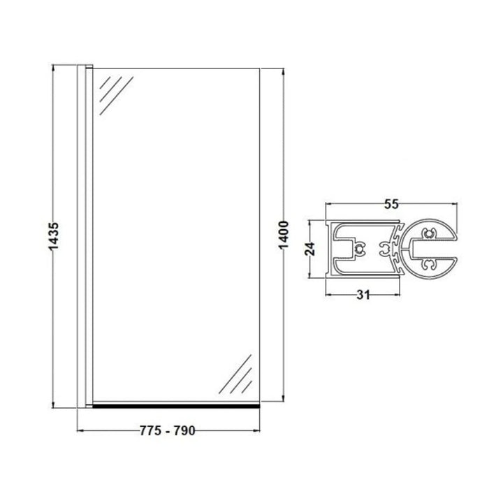 BC Design Straight Bath Screen - 1435mm L x 790mm W, Polished Chrome