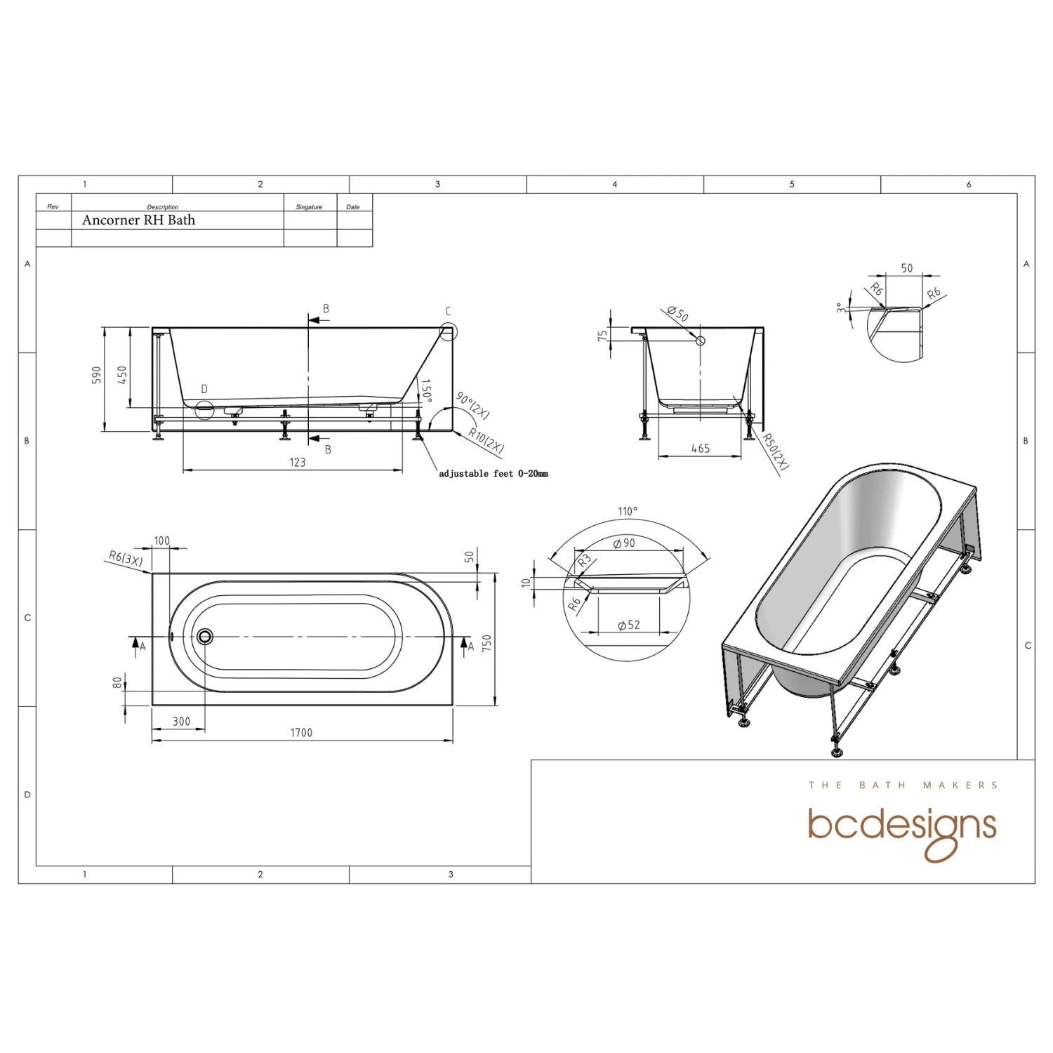 BC Designs Ancorner Straight Round Corner Shower Bath - 1700mm L x 750mm W, White