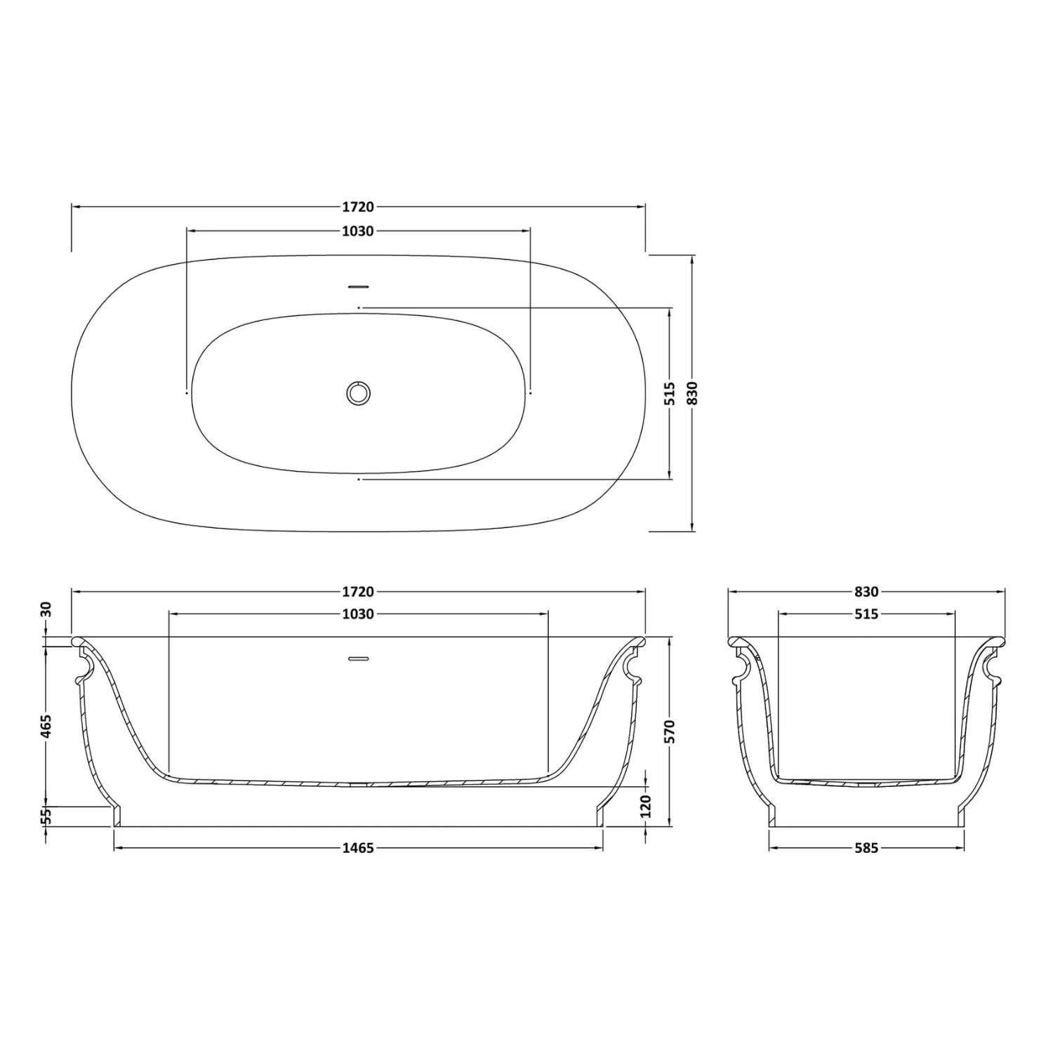 BC Designs Aston Polished White Cian Solid Surface Freestanding Baths, 1720mm L x 830mm W