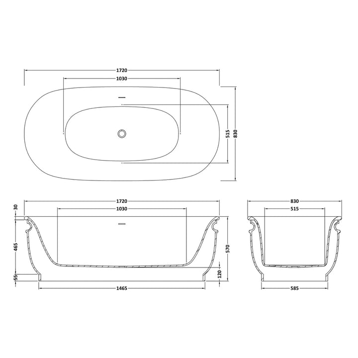BC Designs Aston Polished White Cian Solid Surface Freestanding Baths, 1720mm L x 830mm W