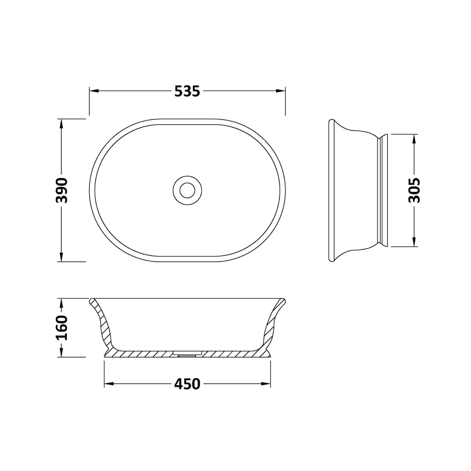 BC Designs Aurelius/Bampton Cian Solid Surface Countertop Basin, 535mm W x 390mm D