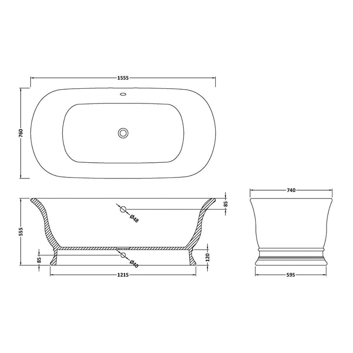 BC Designs Bampton Cian Solid Surface Freestanding Bath - 1555mm L x 740mm W