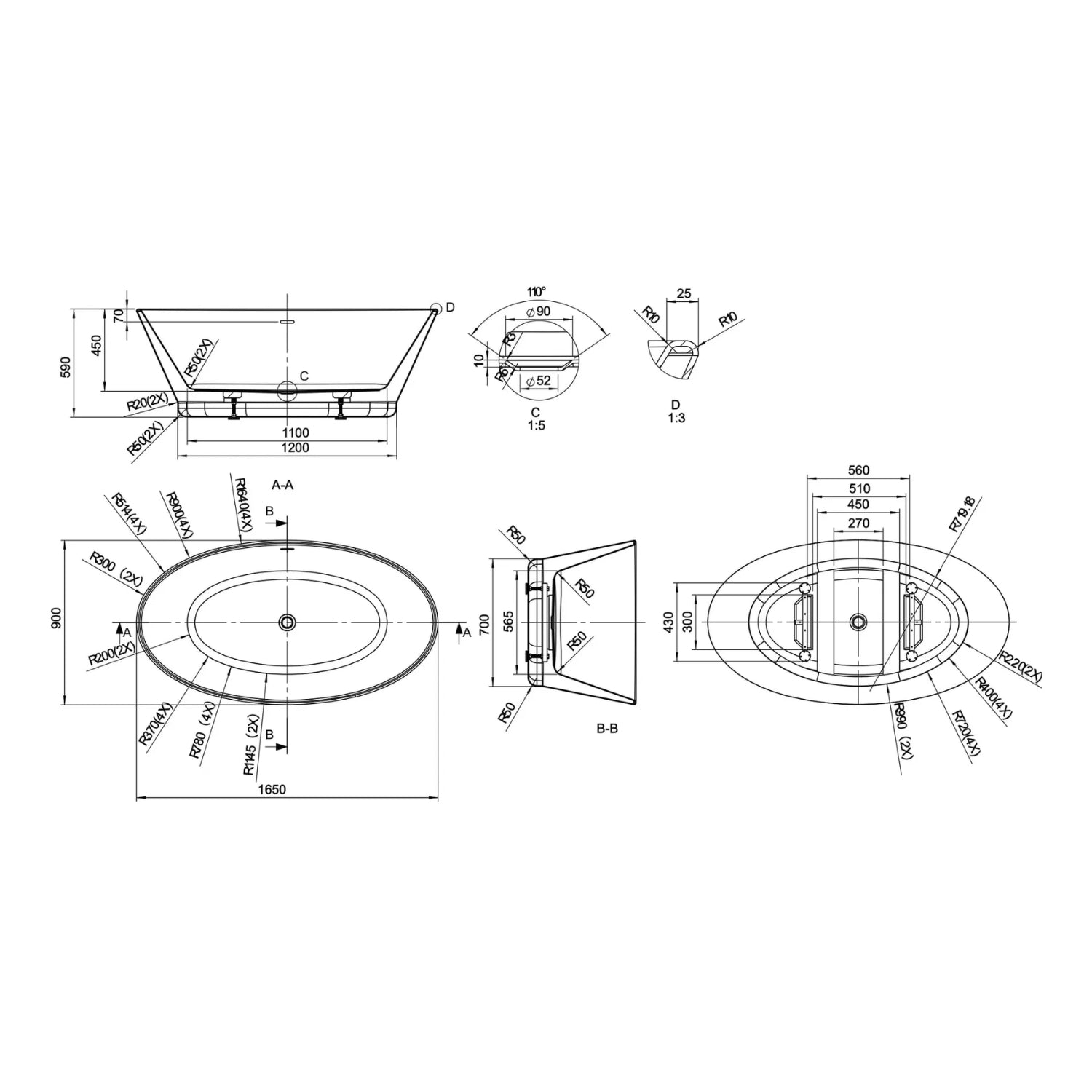 BC Designs Chalice Minor Acrylic Freestanding Bath - 1650mm L x 900mm W, White