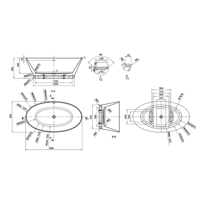 BC Designs Chalice Minor Acrylic Freestanding Bath - 1650mm L x 900mm W, White